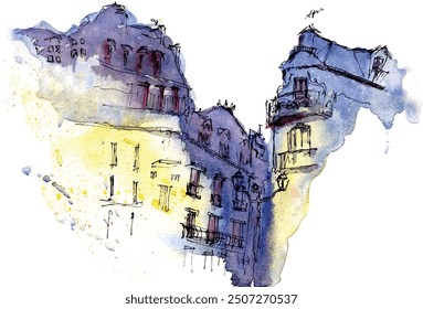 handmade watercolor abstract classic building in purplish blue and yellow