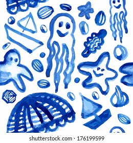 Handmade watercolor blue sea pattern. Vector Illustration. 