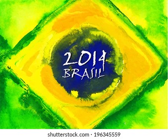 Handmade watercolor Brasil flag background. Brasil summer 2014.  Vector illustration.