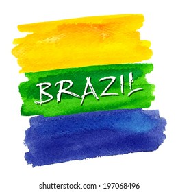 Handmade watercolor Brazil flag background. Brazil summer.  Vector illustration.