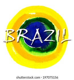 Handmade watercolor Brazil flag background. Brazil summer.  Vector illustration.