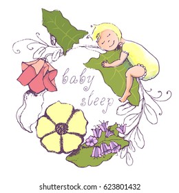 Handmade watercolor the circular composition with a sleeping baby, flowers, leafy branch.