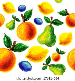 Handmade watercolor grunge   fruits pattern for retro  design.  Vector illustration.