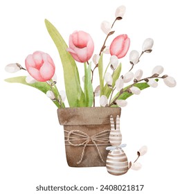 Handmade Watercolor Illustration Features Red Tulips In A Pot With Willow And A Rabbit, Perfect For Easter Decor
