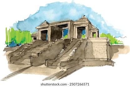 handmade watercolor  of Ratu Boko Temple in Yogyakarta, Indonesia