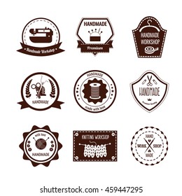 Handmade white brown badges with knitting and sewing tools hanger laurel leaves ribbons isolated vector illustration