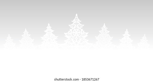 Handmade white Christmas trees in fog decoration on bright grey background