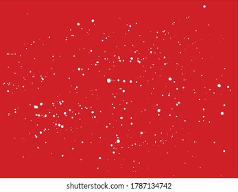 Handmade white splatter texture red background. Watercolor paint spatter, spots, dots, splashing in different sizes. Backdrop for overlay or montage. Abstract vector illustration.