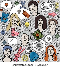 Handmade woman business Seamless pattern about modern popular woman business - handmade. Color vector illustration with unrecognizable woman faces different ages and art and hobby objects.