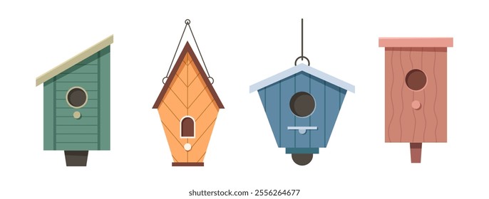 Handmade wooden birdhouses for birds. Vector isolated front view of nests for birdies. Wood colorful homes for avian animals, square and geometric shapes. House for animals at wintertime