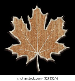 Hand-made wooden maple leaf with metal incrustation isolated on black background