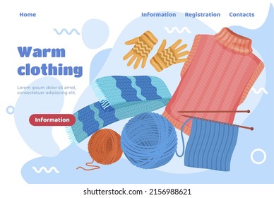 Handmade wool clothing landing page user interface vector flat illustration. Workshop digital store knitting clothing DIY courses information place for text. Handicraft scarf, gloves and waistcoat