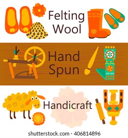 Handmade wool products colorful web banners. Vector illustration of items for felting wool and knitting.