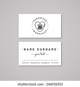 Handmade workshop business card design concept. Logo with heart and thread spool. Vintage, hipster and retro style. Black and white. 