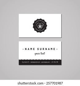 Handmade workshop business card design concept. Logo with heart and thread spool badge. Vintage, hipster and retro style. Black and white.