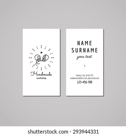 Handmade workshop business card design concept. Logo with hands holding needle and thread with crown. Vintage, hipster and retro style. Black and white.