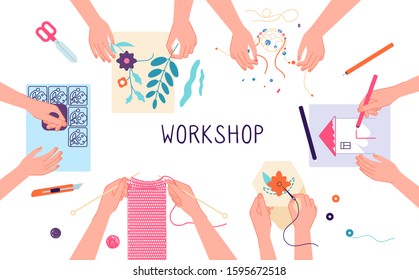 Handmade workshop. Craft diy knitting, drawing and scrapbooking projects. Creative lab, design or teamwork. Kids freetime vector illustration