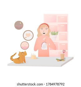 Handmade workshop, cute woman embroidering on canvas, cat sitting on the table, indoor hobby, needlework craft, concept for master class