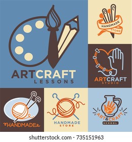Etiquetas de logotipo artesanal de oficina com imagens isoladas em branco.