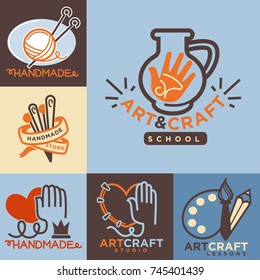 Handmade workshop logo badges with pictures isolated on white.