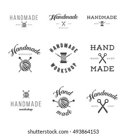 Handmade workshop logo vintage vector set. Hipster and retro style. Perfect for your business design. Scissors, thread, needles