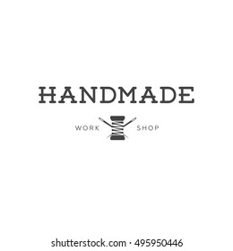 Handmade workshop logo vintage vector. Hipster and retro style. Perfect for your business design. Scissors, thread, needles