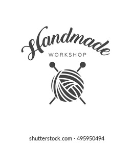 Handmade workshop logo vintage vector. Hipster and retro style. Perfect for your business design. Scissors, thread, needles