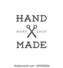 Handmade workshop logo vintage vector. Hipster and retro style. Perfect for your business design. Scissors, thread, needles