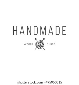 Handmade workshop logo vintage vector. Hipster and retro style. Perfect for your business design. Scissors, thread, needles