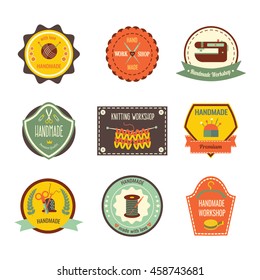 Handmade workshop retro slyle labels with cushion for needles scissors threads clew sewing machine isolated vector illustration