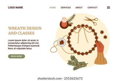 Handmade wreath making class web banner template. Woman holding wreath made of anise stars and ribbon. Perfect for promotional workshops, local business, advertising. Vector illustration