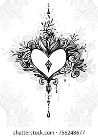 Handmade Zen tangle Heart with flowers in Boho style for tattoo or coloring page or for decoration t-shirt clothes and for package perfume cosmetic or for other things