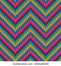 Handmade zigzag chevron stripes knitted texture geometric vector seamless. Pullover knit effect ornament. Scandinavian style seamless knitted pattern. Handicraft backdrop.