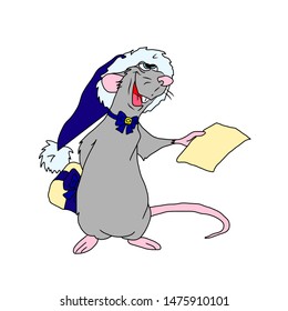 Handmade,postcard.Christmas Holiday. A cheerful rat in a blue hat with fur holds a gift in a paw behind his back and in another congratulatory leaf.