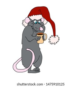 Handmade,postcard.Christmas Holiday. Funny gray rat in a hat holding a Cup of coffee.