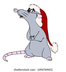 Handmade,postcard.Christmas Holiday. Funny gray rat in a hat