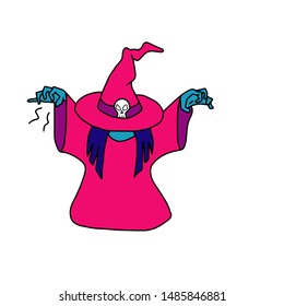 Handmade,postcard.Halloween. A witch in a pink dress and hat with her hands up conjures.