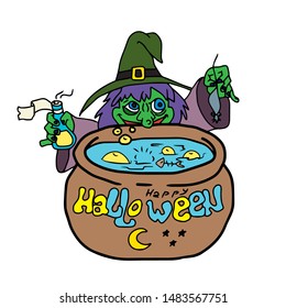Handmade,postcard.Halloween.Brown cauldron with boiling potion and bubbles.A witch in a hat holding a bottle in her hand and a mouse in her other hand.