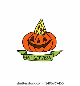 Handmade,postcard.The holiday of Halloween.Pumpkin in a yellow cap with a pattern and a green ribbon ribbon with an inscription.