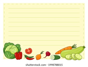 Handout of blank recipe book sheet with frame and cartoon style vegetables. Hand drawn vector illustration for decorating menu or kitchen reminder sheets