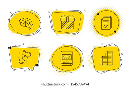 Handout, Chemical formula and Skyscraper buildings signs. Chat bubbles. Surprise, Hold box and Ssd line icons set. Present with bow, Delivery parcel, Memory disk. Documents example. Vector