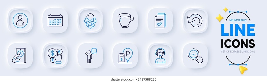 Handout, Fitness and Consultant line icons for web app. Pack of Dislike, Agent, Charging station pictogram icons. Recovery data, Tea cup, Ice cream signs. Calendar, Avatar, Money currency. Vector