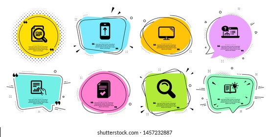 Handout, Product knowledge and Document line icons set. Chat bubbles with quotes. Check article, Swipe up and Search signs. Computer, Online help symbols. Documents example, Education process. Vector