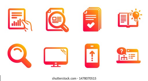 Handout, Product Knowledge And Document Line Icons Set. Check Article, Swipe Up And Search Signs. Computer, Online Help Symbols. Documents Example, Education Process. Science Set. Vector