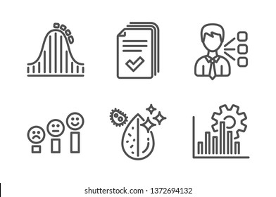 Handout, Roller coaster and Customer satisfaction icons simple set. Third party, Dirty water and Seo graph signs. Documents example, Attraction park. Technology set. Line handout icon. Editable stroke