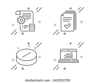 Handout, Settings Blueprint And Medical Tablet Line Icons Set. Online Statistics Sign. Documents Example, Report Document, Medicine Pill. Computer Data. Science Set. Line Handout Outline Icon. Vector