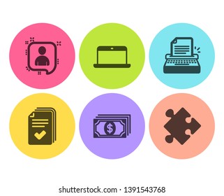 Handout, Typewriter and Laptop icons simple set. Payment, Developers chat and Strategy signs. Documents example, Writer machine. Education set. Flat handout icon. Circle button. Vector