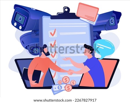 Handover of CCTV product work between sellers and buyers shaking hands from laptop screens. digital sales demand planning illustration concept