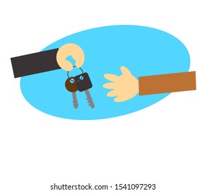 Handover of keys on a blue background. Vector illustration.