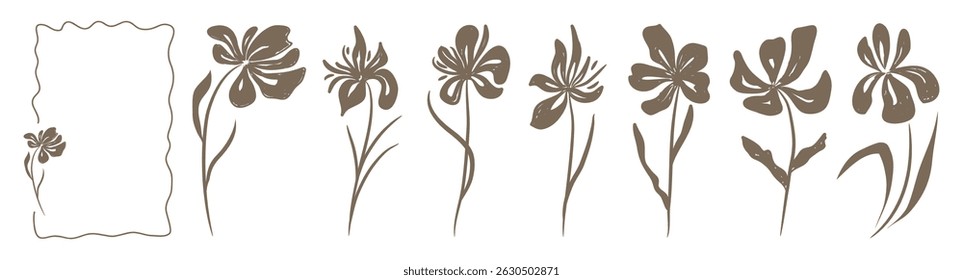 Hand-painted abstract flowers in ink. A set of stamps. Botanical monochrome vector illustration. Decorative elements for frames, postcards, wedding invitations, quotes, blogs, labels, wallpapers, logo
